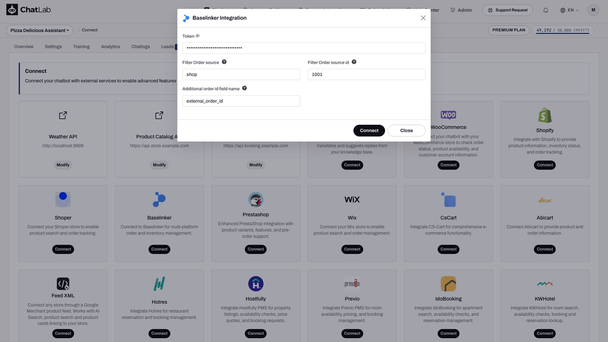 BaseLinker integration form with token and filter fields