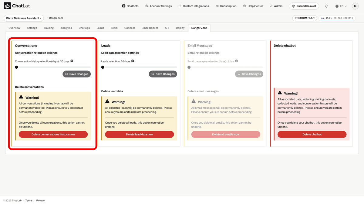 Conversations section with retention slider and delete button