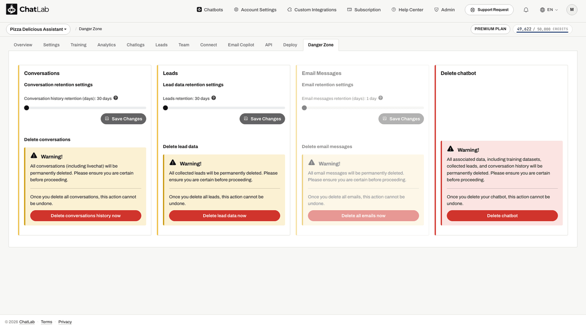 Email retention slider in Danger Zone settings