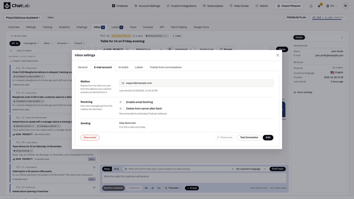 E-mail account tab of Inbox settings