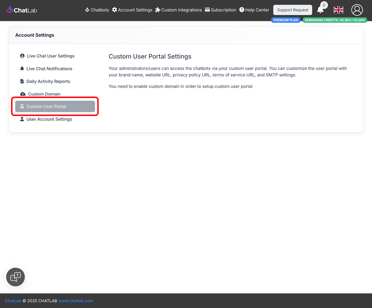 Account Settings with Custom User Portal tab highlighted
