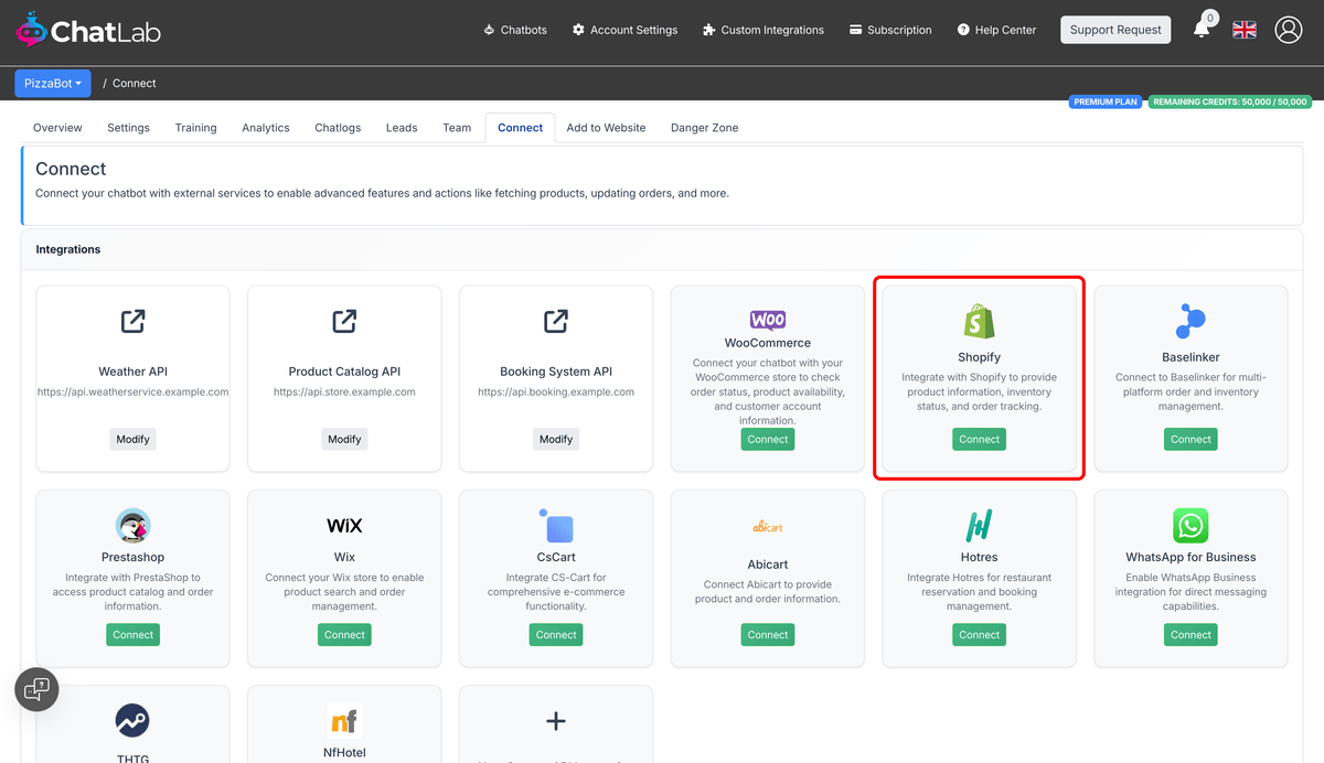 Connect tab showing the Shopify integration tile