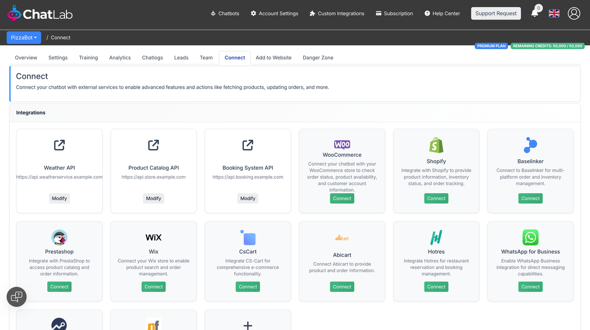 Connect tab showing e-commerce integrations