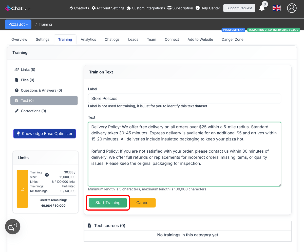 Text form filled with sample data and the Start Training button highlighted