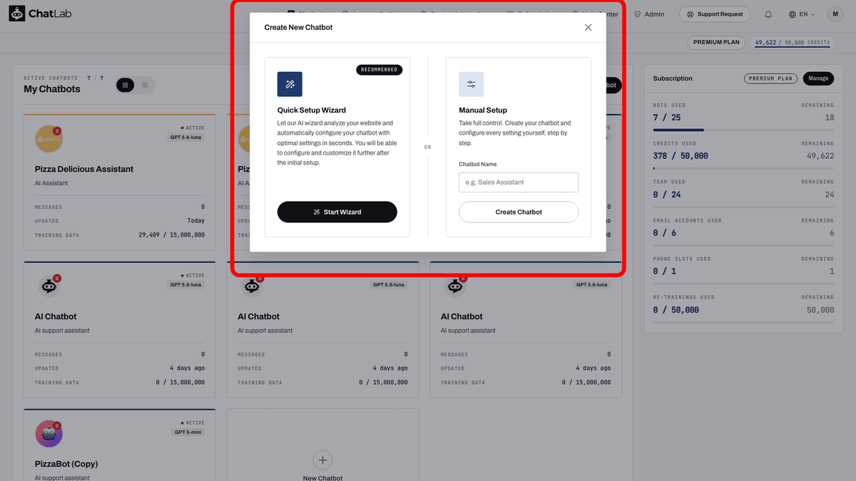 Fenêtre Créer un nouveau chatbot avec Start Wizard et Manual Setup