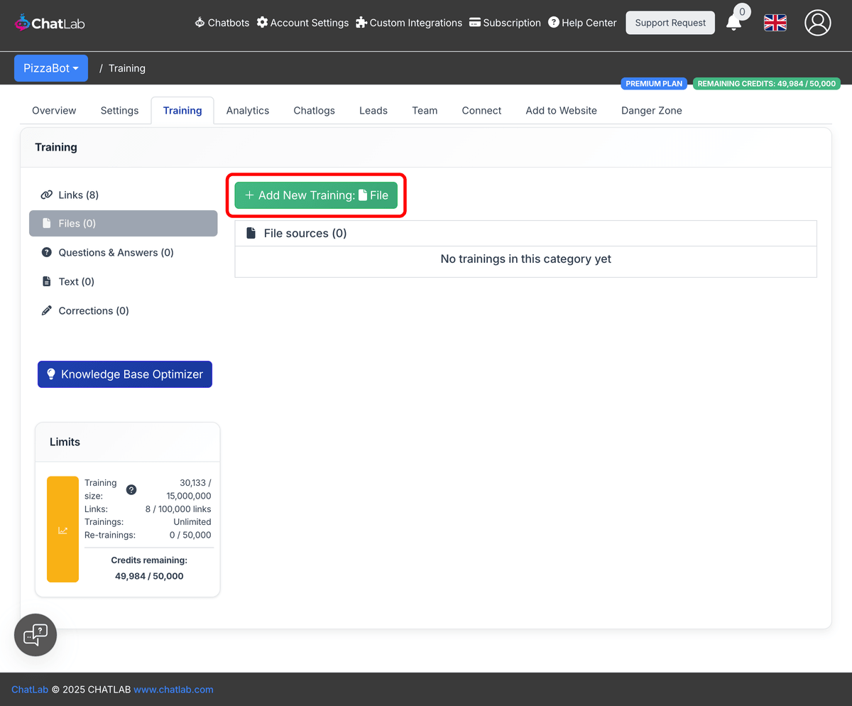 Add New Training File button