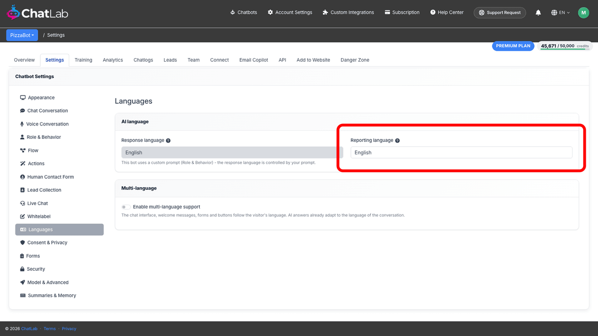 Reporting language field in Settings > Languages