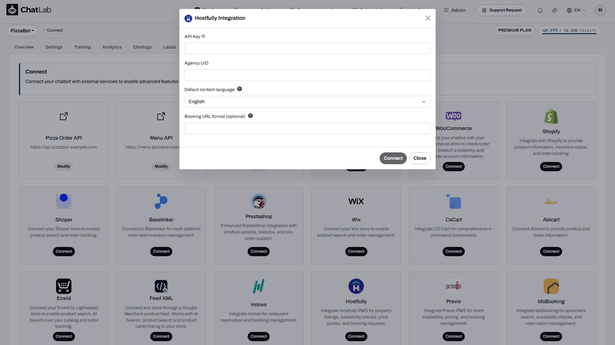 Hostfully Integration form with API Key, Agency UID, Default content language and Booking URL format fields