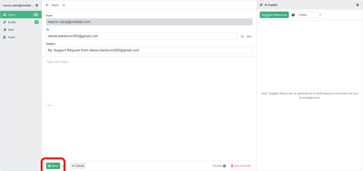 Reply editor with To, Subject, text area, and send controls