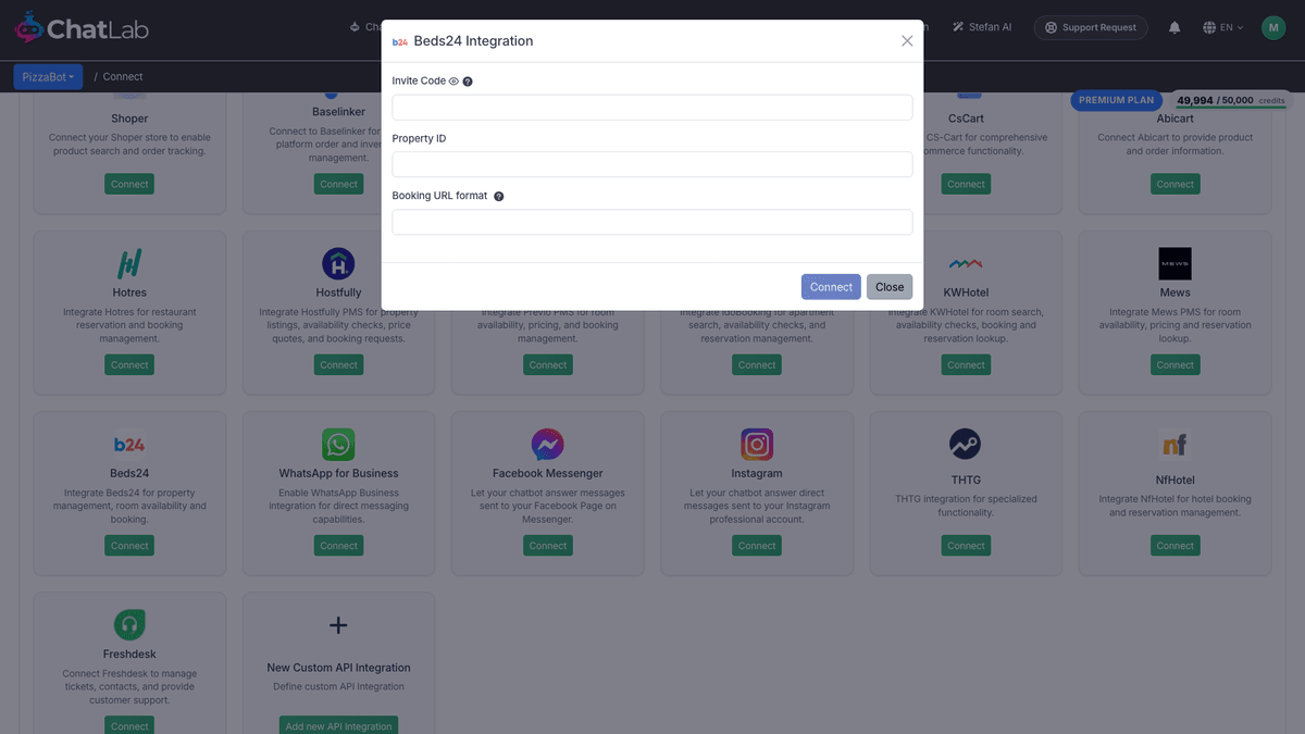 Beds24 Integration form with Invite Code, Property ID and Booking URL format fields