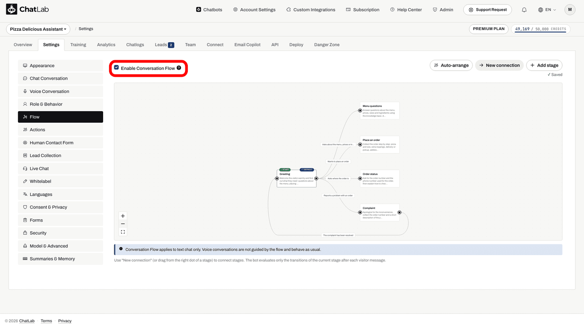 Enable Conversation Flow checkbox