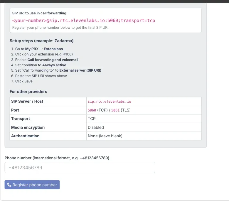Phone number SIP configuration