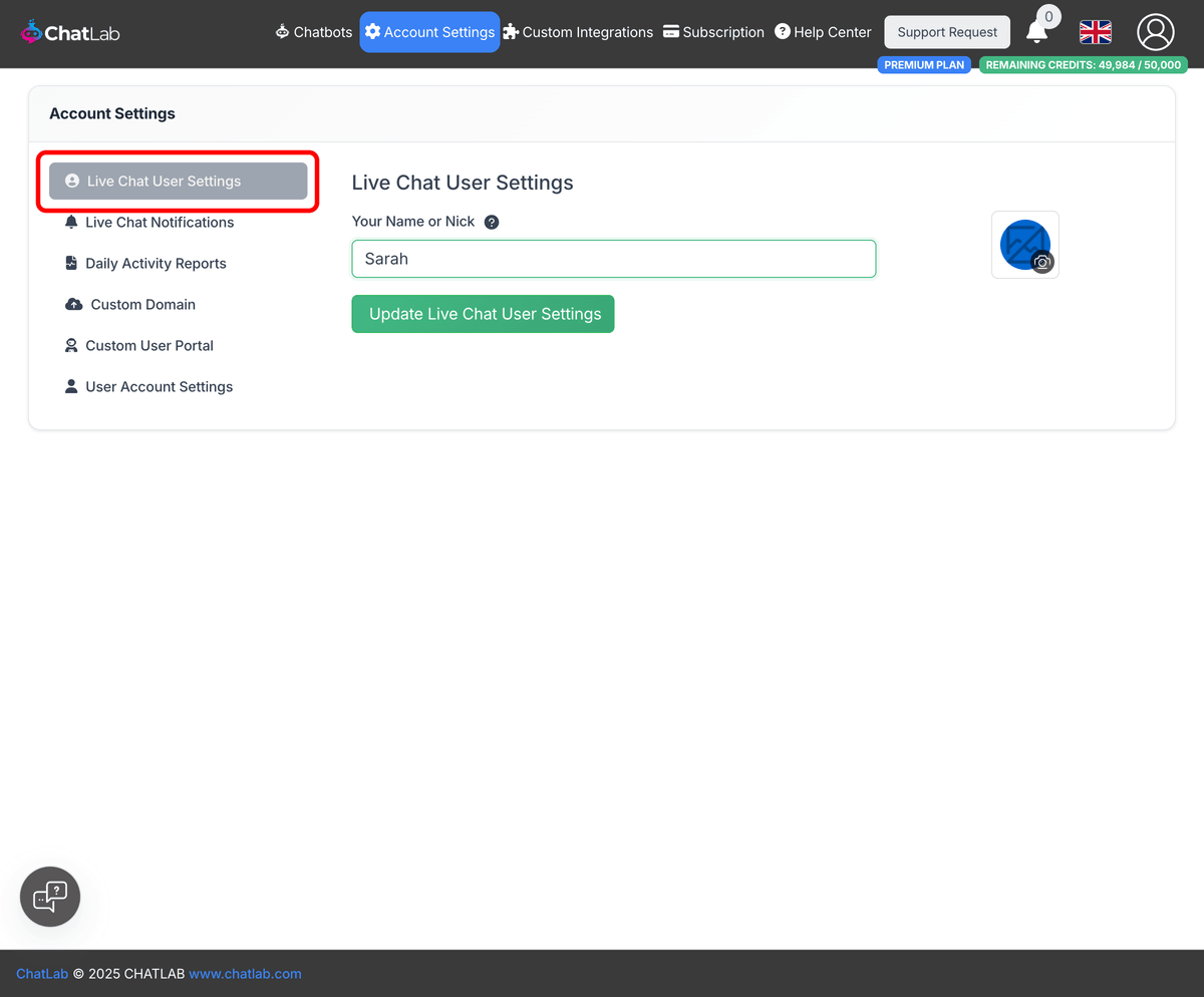 Live Chat User Settings page