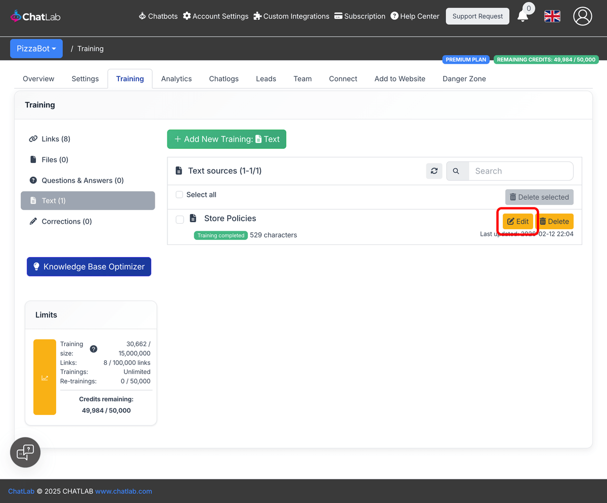Training completed text list showing the Edit button