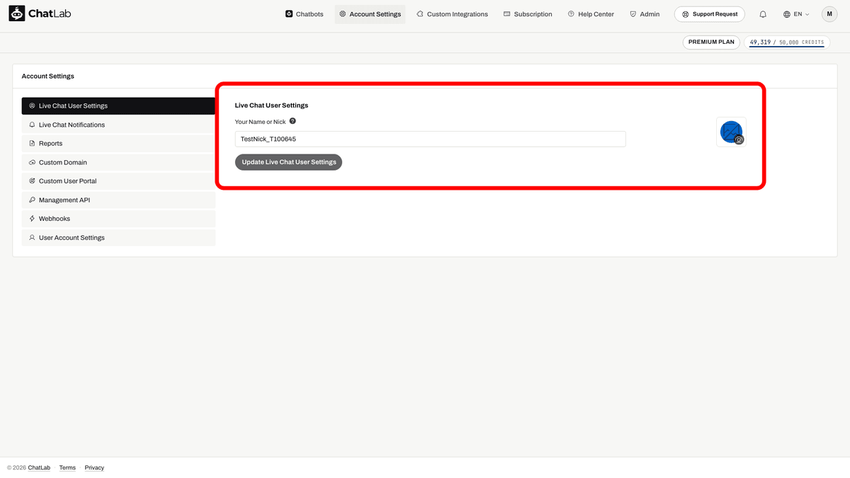 Live Chat User Settings page