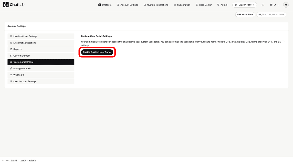 Bouton Enable Custom User Portal mis en surbrillance
