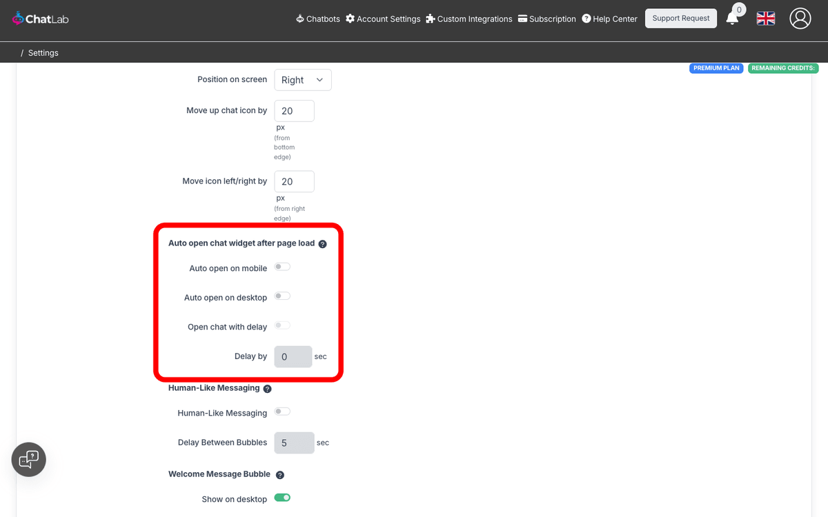 Auto open chat widget settings
