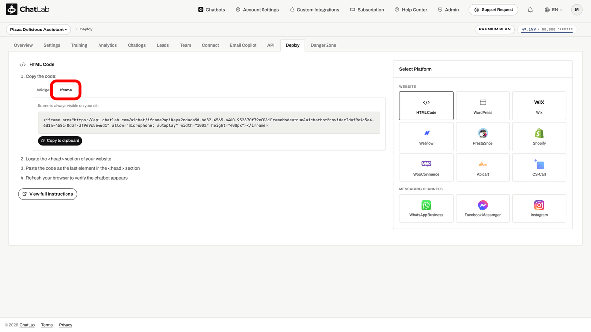 Iframe tab selected in Deploy