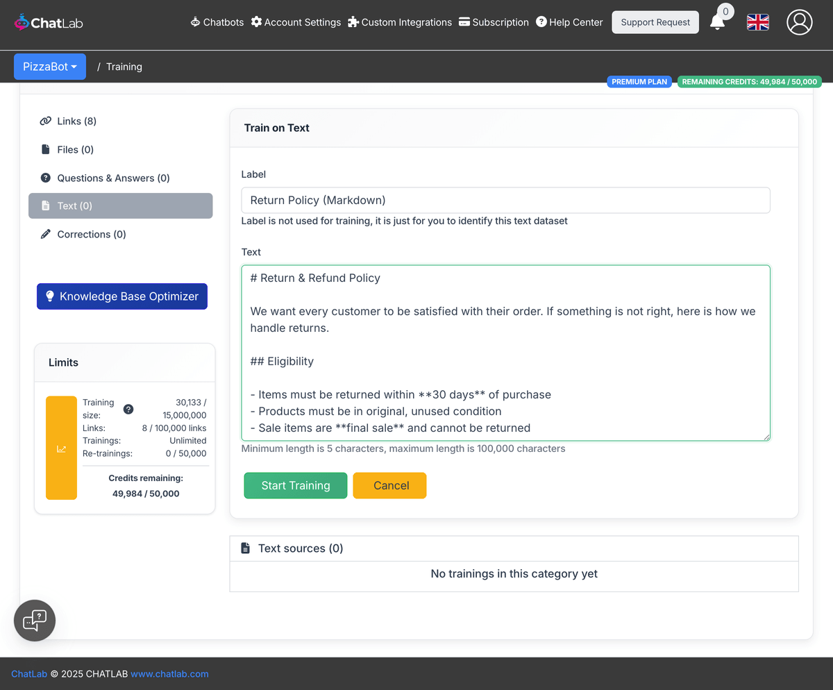 Text training form with Markdown content