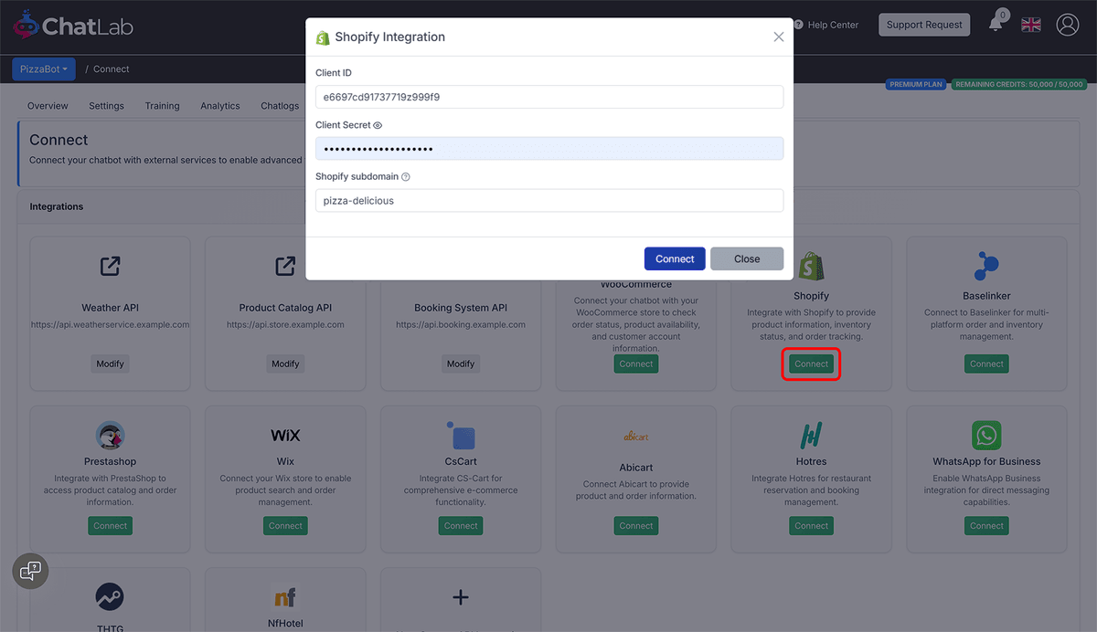 Shopify integration form with Client ID, Secret, and subdomain fields