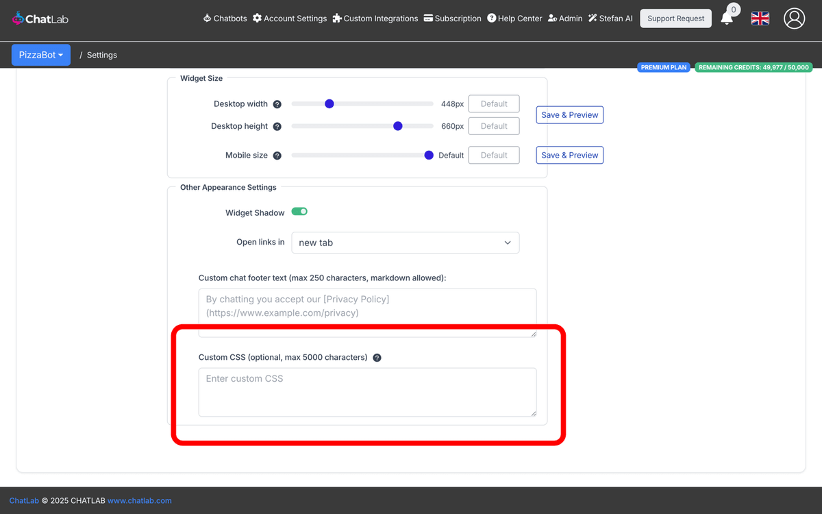 Custom CSS settings