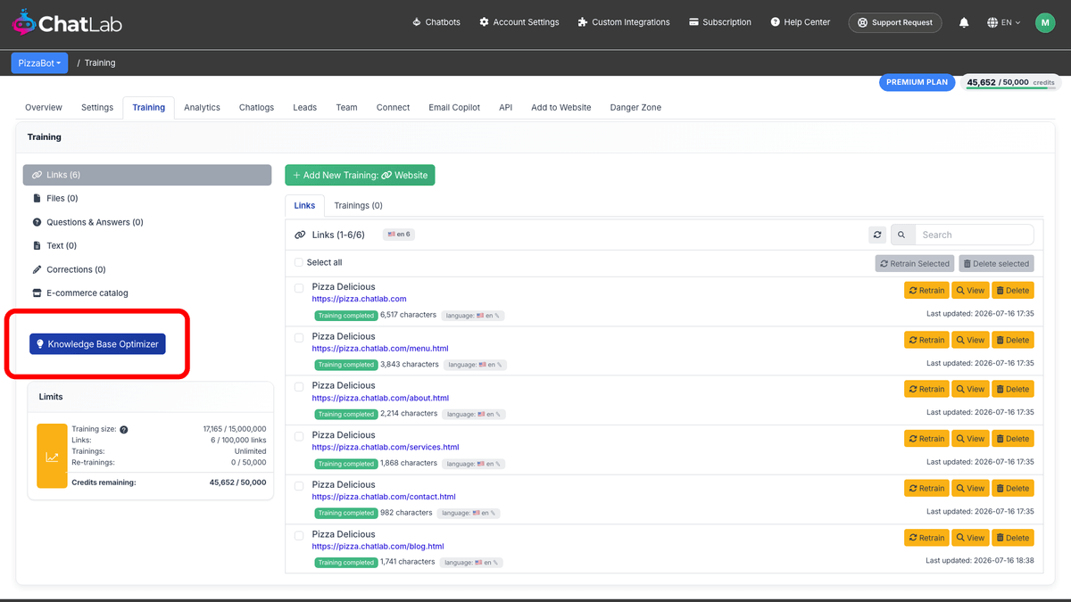 Training tab with the Knowledge Base Optimizer button highlighted