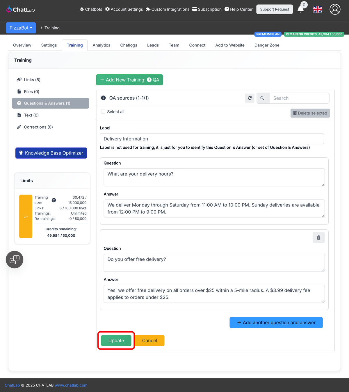 Edit form for an existing Q&A set with the Update button highlighted