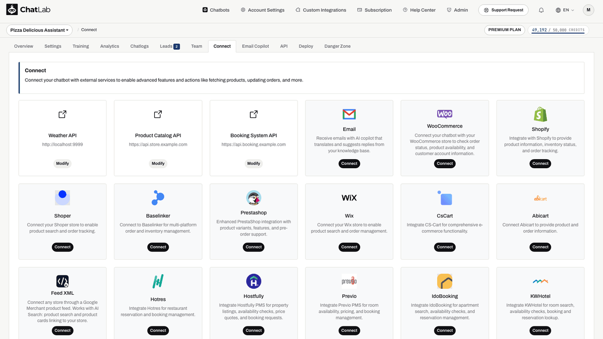 Connect tab showing e-commerce integrations