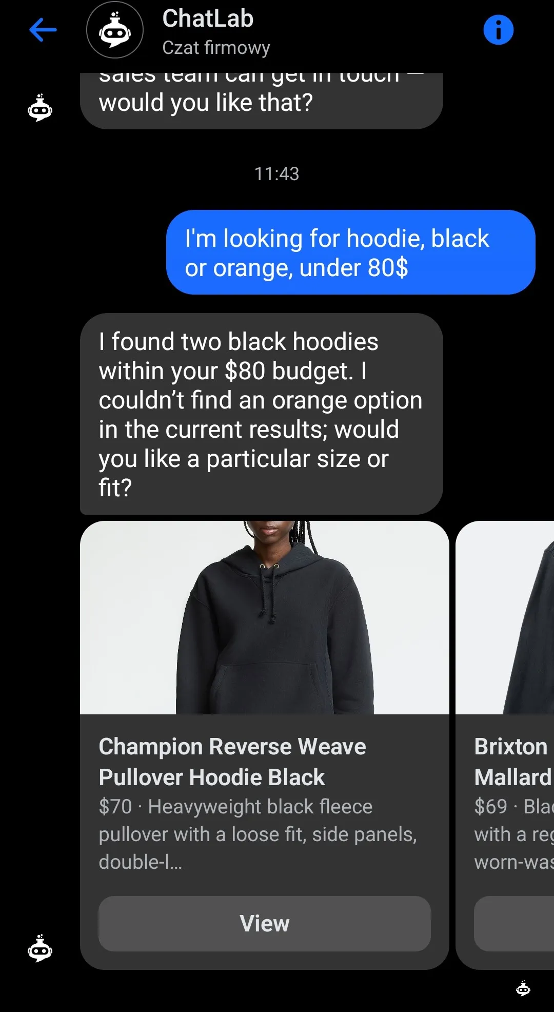 Facebook Messenger conversation with the ChatLab agent