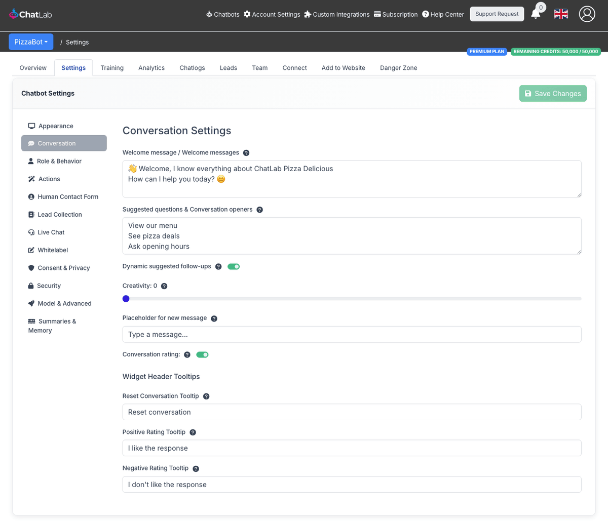 Conversation settings panel