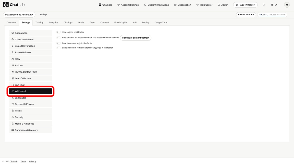 Whitelabel tab in the bot settings sidebar