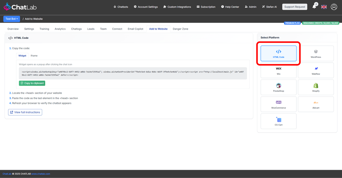 Add to Website tab with HTML Code selected