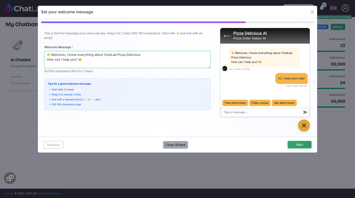 Wizard step 6 - Welcome message