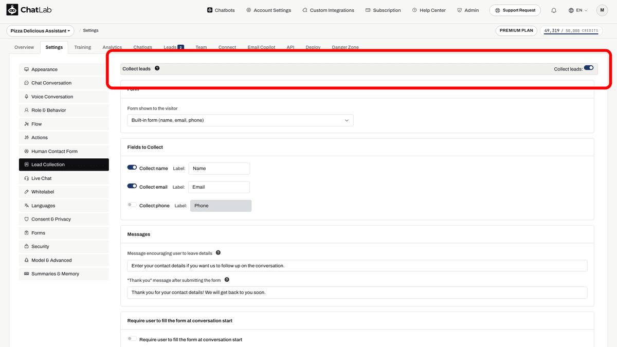 Lead Collection settings page with the Lead Collection sidebar item highlighted