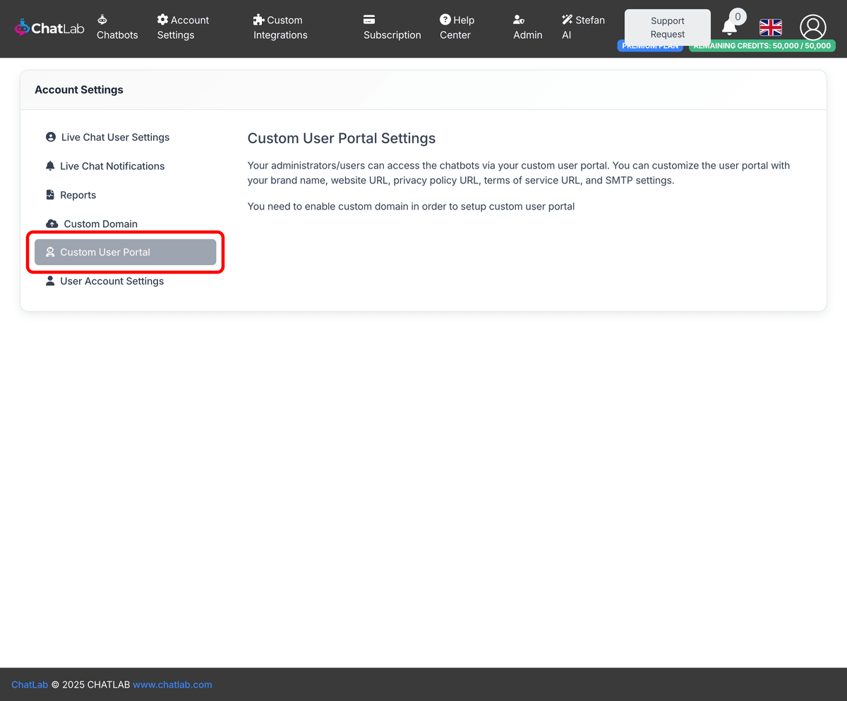 Account Settings with Custom User Portal tab highlighted