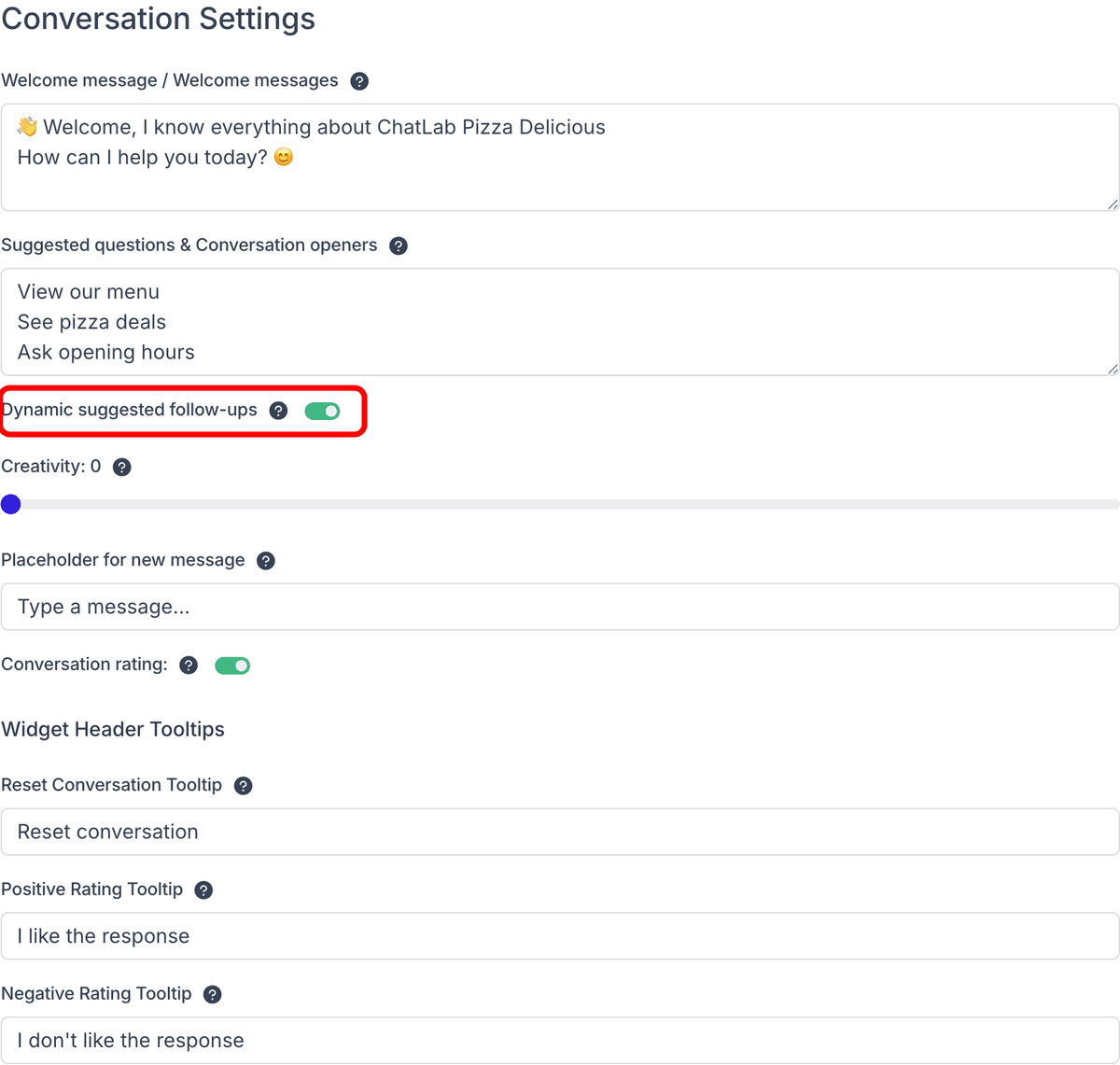Conversation settings with Dynamic suggested follow-ups toggle