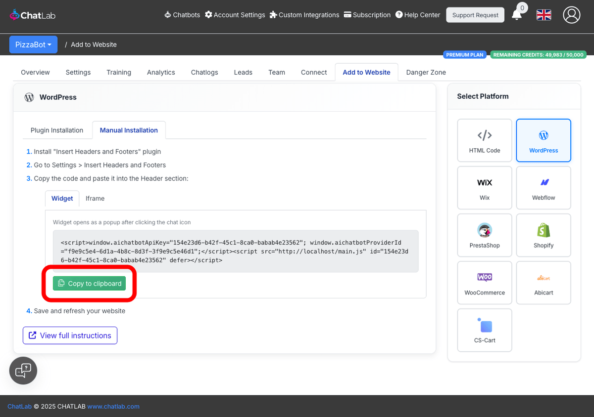 Copy to clipboard button highlighted