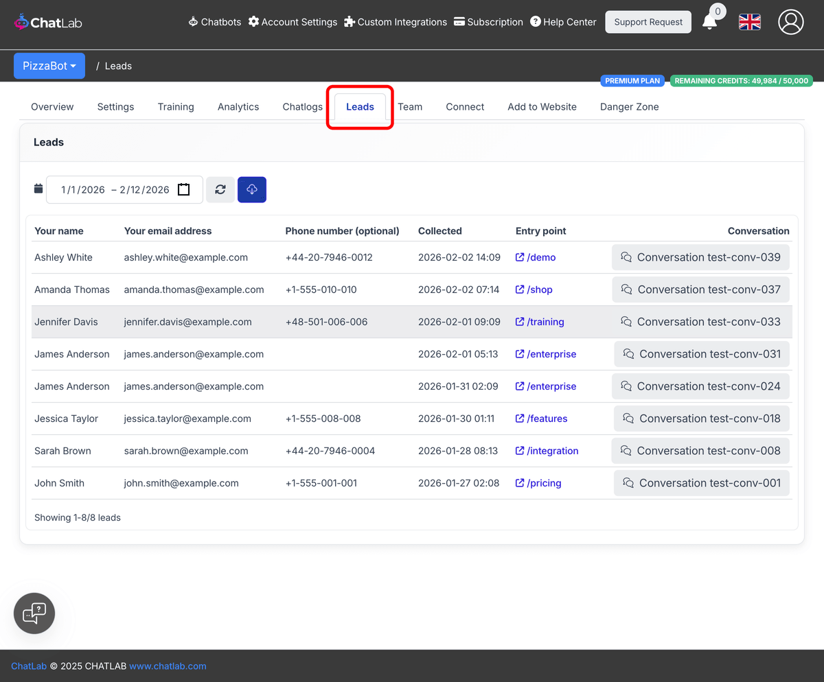 Leads tab with collected leads