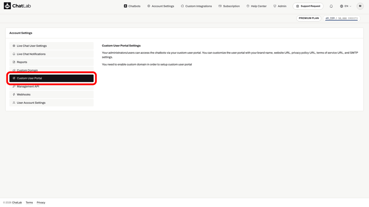 Account Settings avec l'onglet Custom User Portal mis en surbrillance