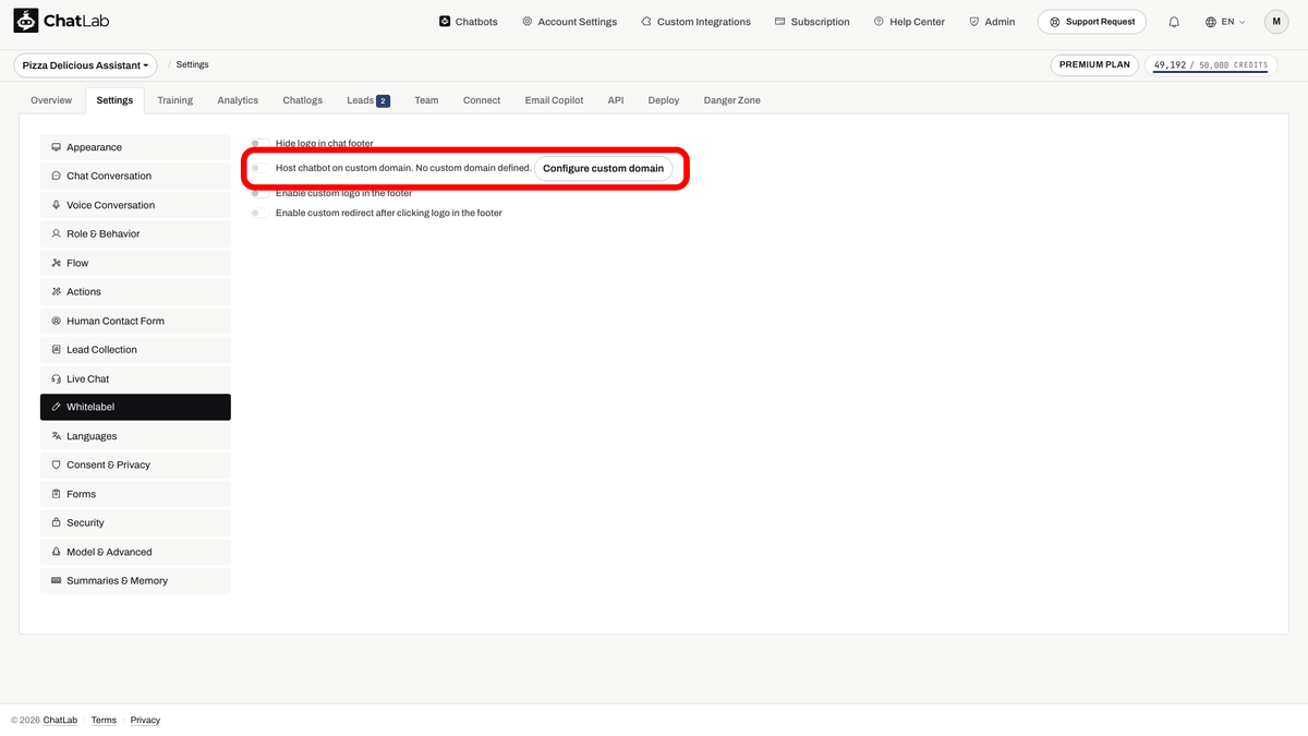 Whitelabel settings with Host chatbot on custom domain option highlighted