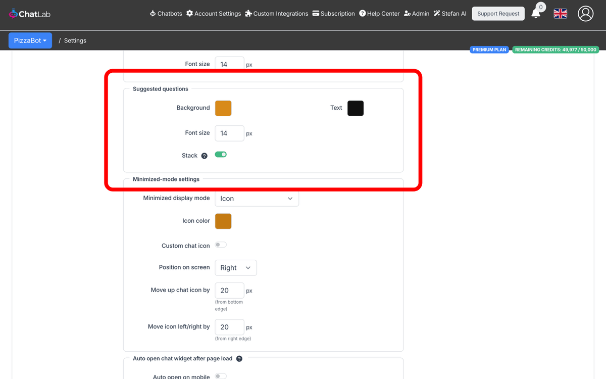 Suggested questions settings