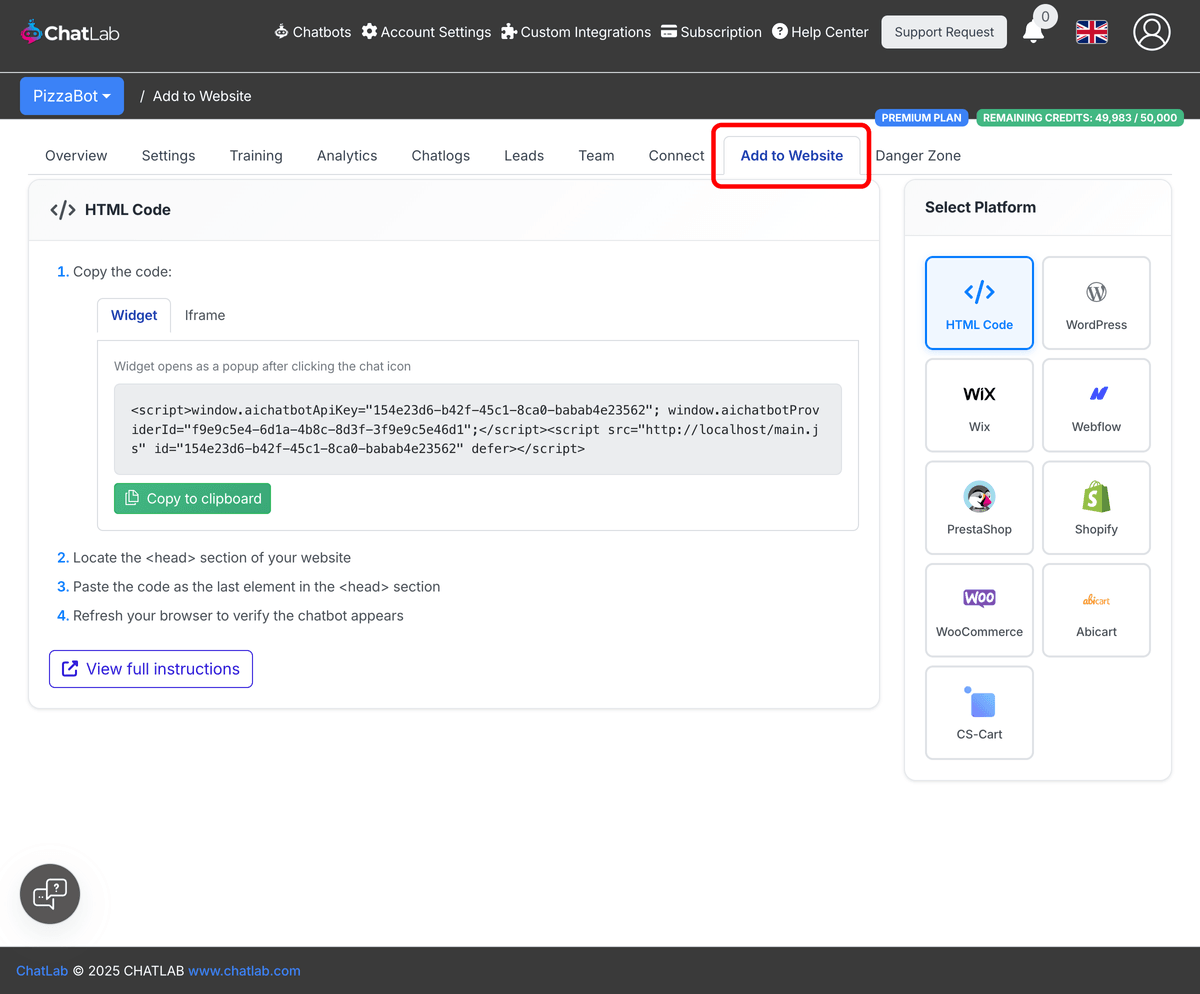 Add to Website tab highlighted