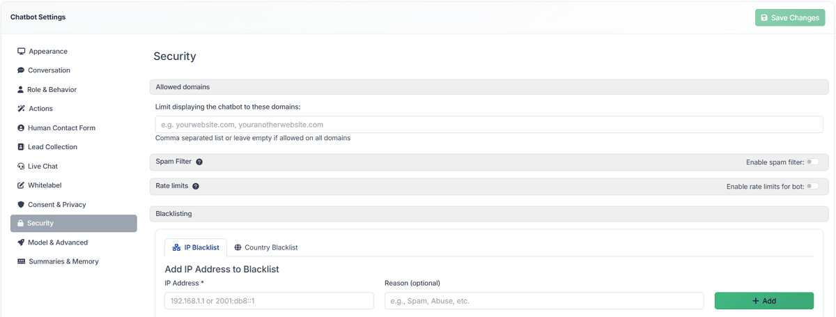 Security Settings tab