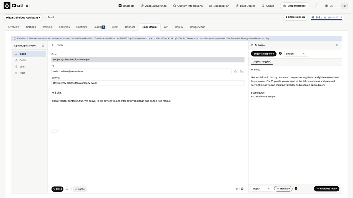 Reply editor with To, Subject, text area, and send controls