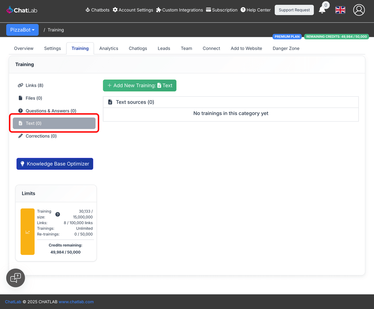 Text sidebar in Training tab