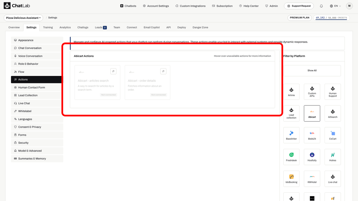 Actions page in Settings showing platform filters