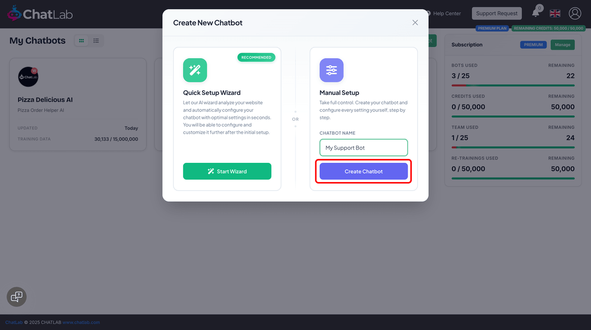 Manual setup - enter chatbot name