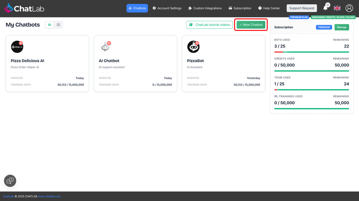 Main dashboard with chatbot list