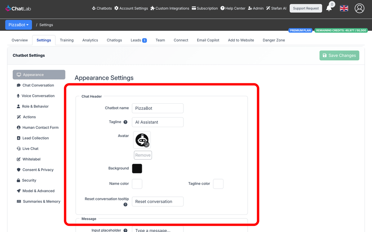 Chat Header settings