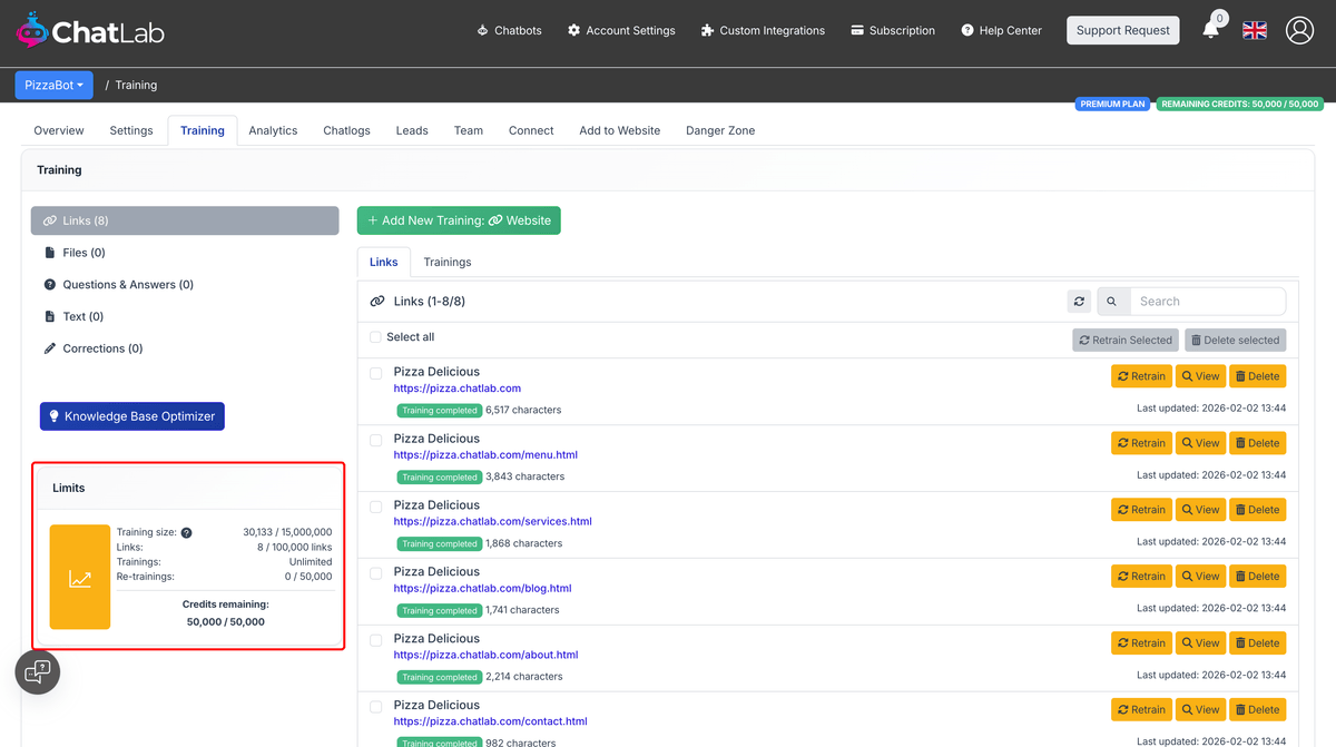 Training page showing limits panel